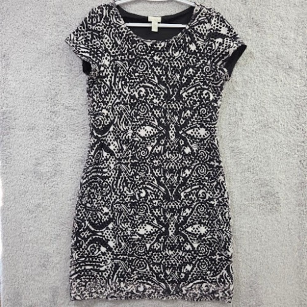 Chicos Dress Women's Medium Black White Geo Paisley Laser Cut Overlay Lined